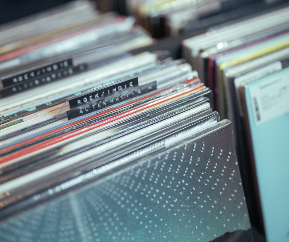 close up of record bin